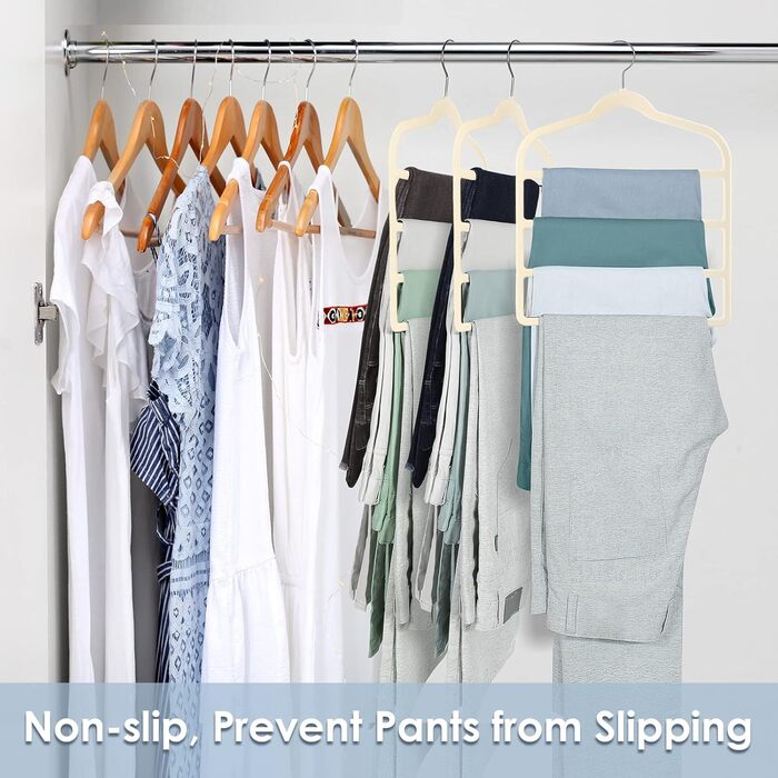 Набір з 6 вешалок для штанів DUDUCOFU з оксамитовим покриттям, ABS пластик, бежевий колір