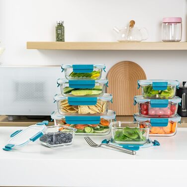 Набір контейнерів для зберігання продуктів Glas, 18 частин (9 контейнерів, 9 кришок), BPA-free, безпечні для миття в посудомийній машині, мікрохвильовій печі та морозильній камері, виготовлені з скла, блакитні