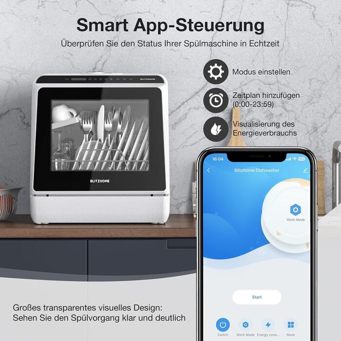 BLITZHOME Міні посудомийна машина з керуванням через додаток, 6 програм, портативна, 5л бак, з/без підключення до води, функція сушіння, для кемпінгу