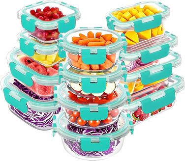 Набір контейнерів Verones 24 шт. з кришкою, зелені, скляні, для зберігання їжі, герметичні, стійкі до заморожування та миття в посудомийній машині