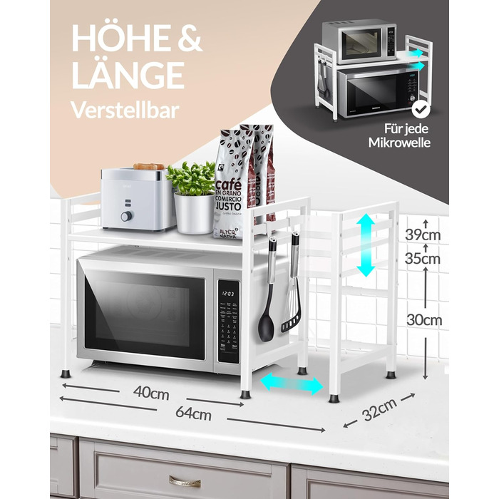 Стійка для мікрохвильової печі та кухонні полиці з нержавіючої сталі, 2-ярусна | Стійка для мікрохвильовки, полиця для зберігання, полиця для пекаря, регульована висота та довжина | З інструкцією у відеоформаті та гачками (Білий)
