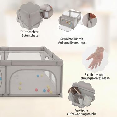 Дитячий манеж складний, манеж з 50 м'ячами, 2 двері, дихаюча сітка та блискавка, намет-манеж для немовлят і малюків (сірий, з матрацом), 205 x 147