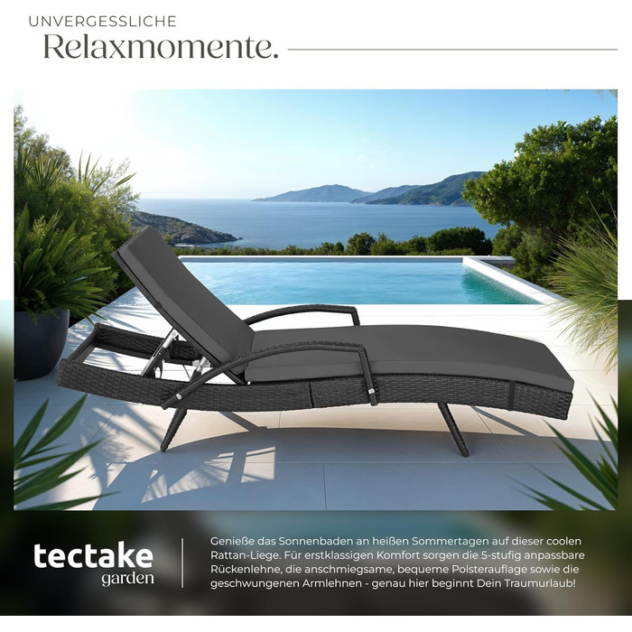 Шезлонг Tectake® з поліротангу, регульована спинка, для саду, балкону та тераси - чорний