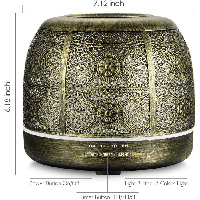 Оновлена версія Аромадифузор, Металевий ароматерапевтичний дифузор 500 мл для ефірних олій, 7-кольорова ароматична лампа Вінтажний дифузор Зволожувач повітря для дитини, домашнього офісу або йоги