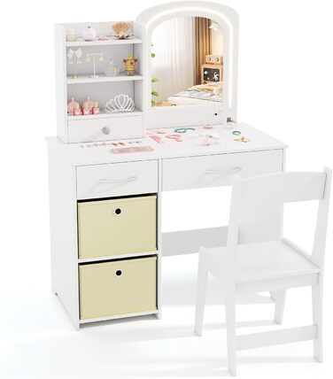 Дитячий туалетний столик DREAMADE для дівчаток з LED-підсвіткою, дерев'яний столик принцеси з відкритими полицями та 5 шухлядами, білий, від 3 років