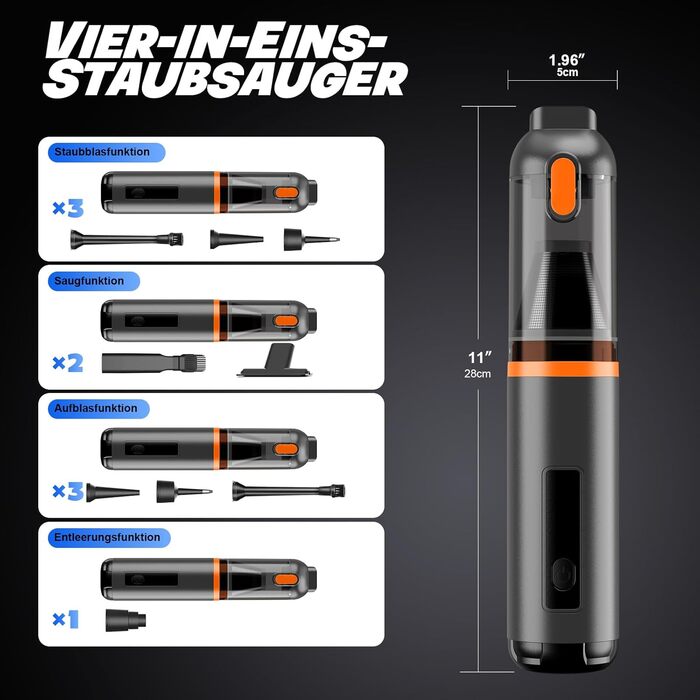 Акумуляторний ручний пилосос для авто та дому 4-в-1, безщітковий мотор, потужність 26000Па, 3 режими всмоктування, з підсвіткою (Помаранчевий)