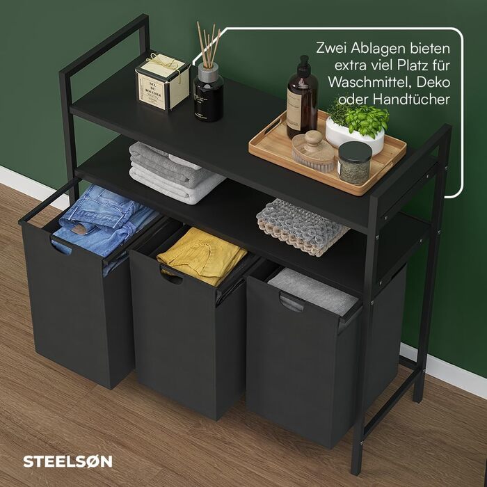 Сортувальник для білизни STEELSØN Rigil з 2 відділеннями, бамбукова полиця, 2 x 45 л, чорний, металевий, знімні мішки для білизни