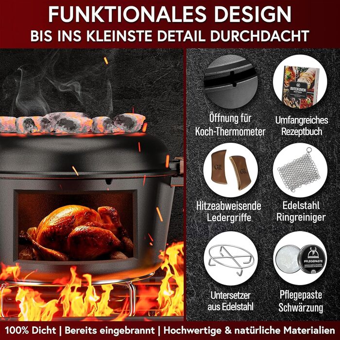 Нідерландський горщик 2в1 з чавуну 4.8L + сковорода з чавуну 1.8L - Набір нідерландського горщика з подвійною функцією - з кулінарною книгою та аксесуарами для барбекю, кемпінгу та кухні - 30 років гарантії (2в1 горщик + паста для догляду)