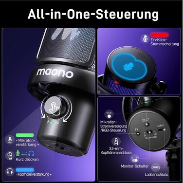 MAONO DM40 Бездротовий мікрофон для ПК з RGB-підсвіткою та ШІ-зміною голосу, шумозаглушення, для геймінгу, подкастингу та стрімінгу (Чорний)