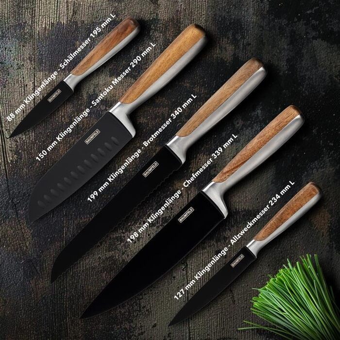 Набір ножів у блоці (6 шт) Premium – професійний кухонний набір з магнітного блоку з акації (чорний, з керамічним покриттям)