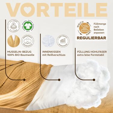 Подушка для вагітних Sei Design XXL з екологічної тканини Öko-Tex | Ергономічна подушка для сну та годування | Безшумна еластична наповнювач, чохол 100% бавовна (Musselin Bernstein, 190x30)