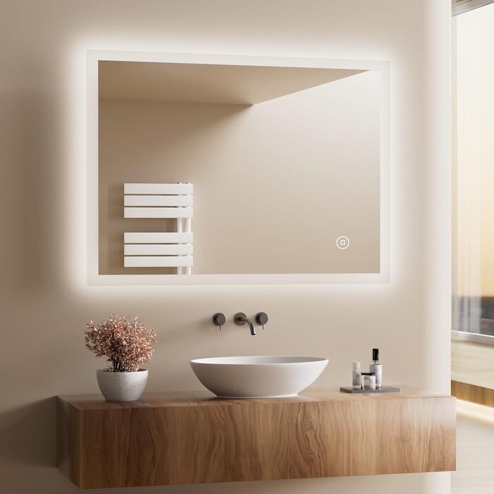 Дзеркало для ванної кімнати з підсвічуванням LED 80x60 см, регульоване, з протитуманним покриттям, вертикальна/горизонтальна установка, 3 кольори світла (3000K/4000K/6500K)