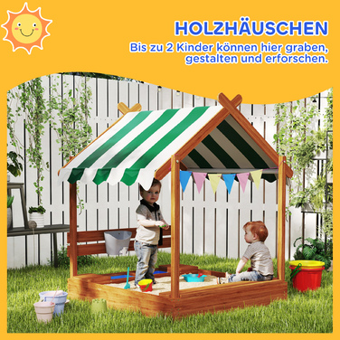 Дитячий пісочниця-будиночок із сонцезахистом, комплект іграшок, оброблена масивна деревина, 124 x 116 x 146 см, зелений