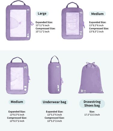 Набір органайзерів для валізи та рюкзака ECOHUB, компресійні пакувальні куби для одягу, 5 предметів (світло-фіолетовий)