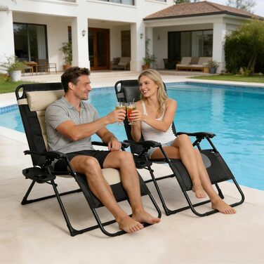 Розкладне ліжко для саду, широке 72 см, з підстаканником та подушкою, для відпочинку на вулиці, на терасі або балконі (Бежевий)