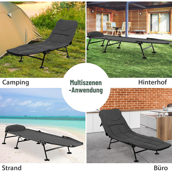 Складане ліжко для риболовлі та кемпінгу GOPLUS, посилене (до 200 кг), з регульованою спинкою (6 позицій) та спеціальними опорами для м'якого ґрунту, сіре