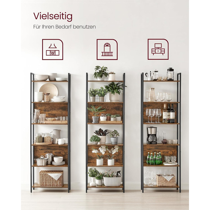 Стелаж VASAGLE з 5 відкритими полицями, для кухні, офісу, вітальні, промисловий дизайн, 24 x 128 x 154,1 см, колір vintagebraun-tintenschwarz