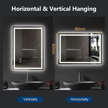 Дзеркало для ванної кімнати Youyijia з підсвічуванням, 70x50 см, антизапітніюче, сенсорне керування, 3 кольори світла, регулювання яскравості