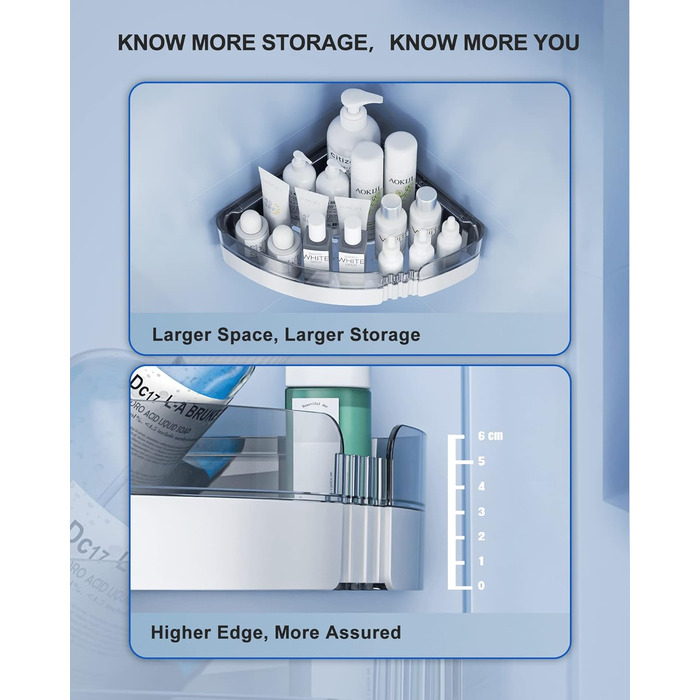 Кутовий душовий кадді WeshyiGo, 2 клейкі полиці з мильницею та 4 гачками, настінні для ванної кімнати та кухні