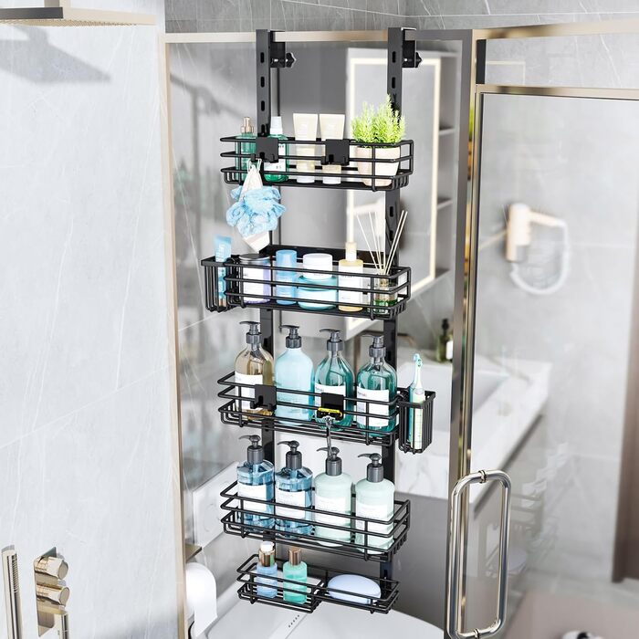 Дзеркальна поличка для душу HapiRm на двері з 22 гачками та тримачами для зубних щіток - 5 ярусів (Чорний)