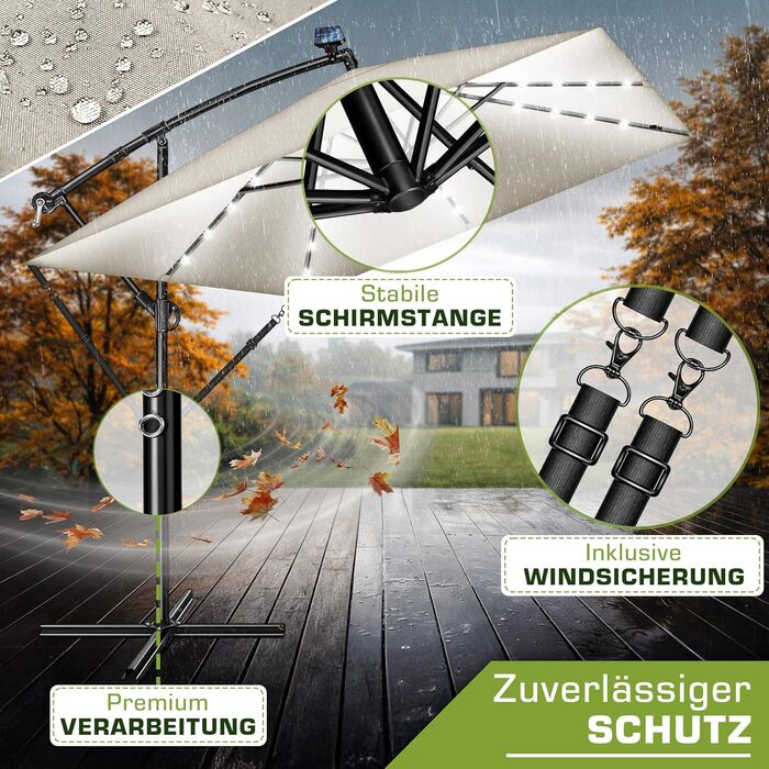 Прямокутна алюмінієва парасолька від сонця tillvex® 330 см з LED-підсвіткою, ручкою та чохлом, боковий стілець-опора, захист від UV та води (Taupe)