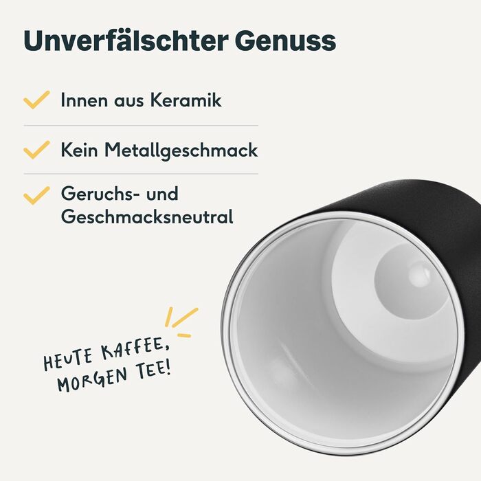 Термокружка SILBERTHAL 350 мл з нержавіючої сталі та керамікою – термокружка для кави з кришкою, що не протікає, чорного кольору – зберігає тепло до 6 годин та холод до 12 годин