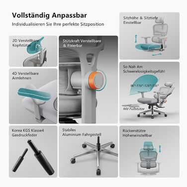 Офісне крісло Newtral Ergonomic NT002 з регульованою підголівником та підлокітниками (сірий), знімний стіл