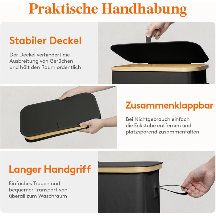 Кошик для білизни Lifewit з кришкою, вузький, складаний, 65л, бамбук, з ручкою, чорний