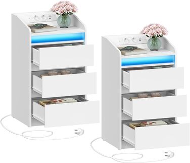 Hzuaneri приліжкові тумби 2 шт. з 3 шухлядами, LED-підсвіткою, розетками та USB, білі, для спальні та вітальні