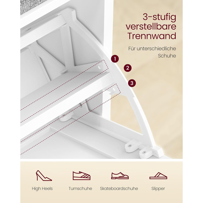 VASAGLE Комод для взуття з сидінням, банкетка для взуття з 3 ярусами, контейнер для взуття на 6 пар, відкидна полиця з регульованою перегородкою, 30 x 60 x 53,5 см, для передпокою, спальні, білий-сірий, LSB121WB01