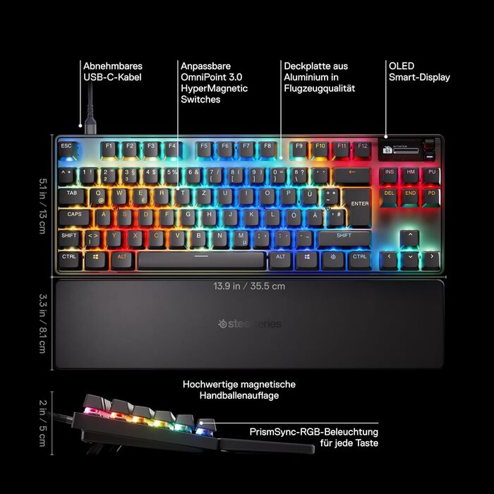Клавіатура SteelSeries Apex Pro TKL Gen 3 - ігрова, механічна, TKL, Hall Effect, OmniPoint 3.0, German QWERTZ, чорна