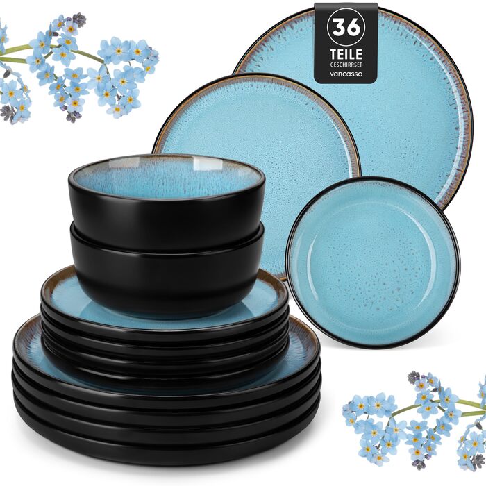 Набір посуду Vancasso AMBER на 12 осіб, 48 предметів: тарілки обідні, десертні, супові, миски - реактивна глазур, для посудомийної машини (блакитний)