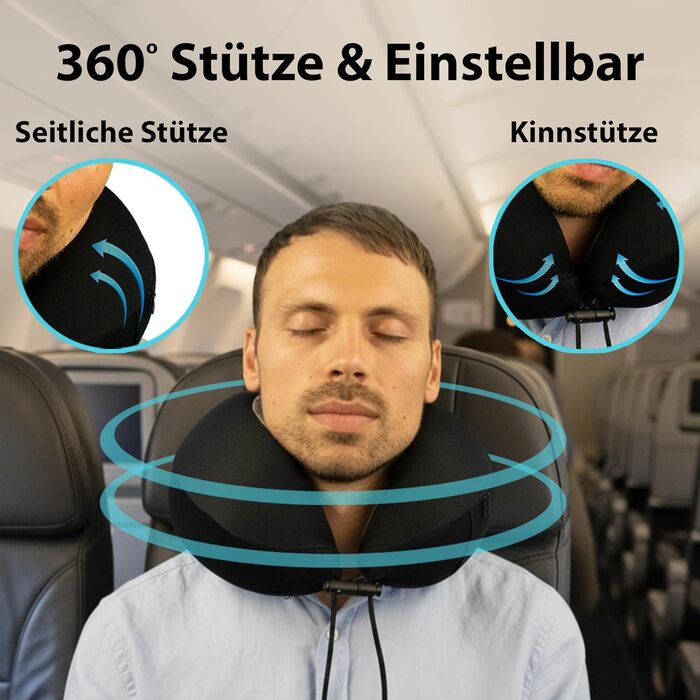 Подушка для шиї FLOWZOOM Comfy для літака та авто - регульована подушка з піною з пам'яті з гнучкими кнопками для 360° підтримки, дихаючий, пральний чохол - з сумкою - Чорний (Dream - Classic - Чорний)