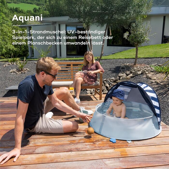Дитячий намет Babymoov Strandmuschel 3-in-1 Aquani Marinière: матрац для плавання, басейн та ліжко для подорожей з UV-захистом SPF 50
