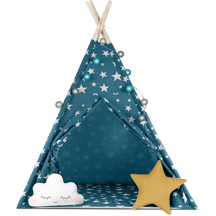 Дитячий намет NUKIDO Tipi з бавовни та дерев'яним каркасом, блакитний, 120x120x165 см