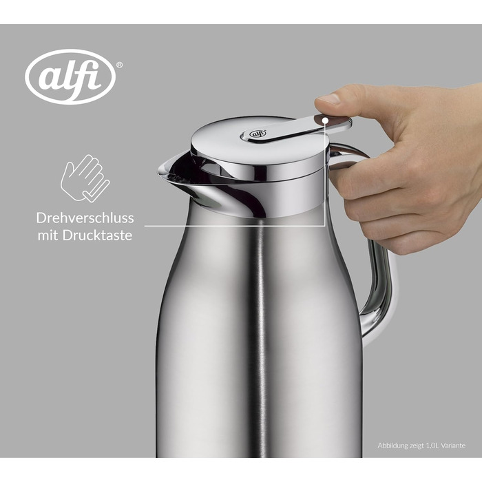 Термос Alfi SKYLINE 1,5л з нержавіючої сталі з вбудованим скляним вкладишем, поворотний замок з зручною кнопкою, ергономічна ручка, для використання однією рукою, ідеальний як кавоварка