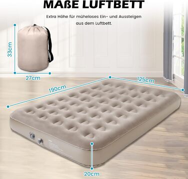 Надувний матрац 2 персони з електричною помпою, 190x125x20 см - для дому та кемпінгу
