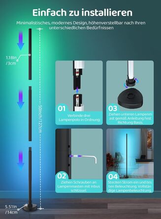 Торшер Gaoxun LED RGBIC, з можливістю затемнення, 127 см, додаток і пульт дистанційного керування, Alexa/Google, 16 мільйонів кольорів