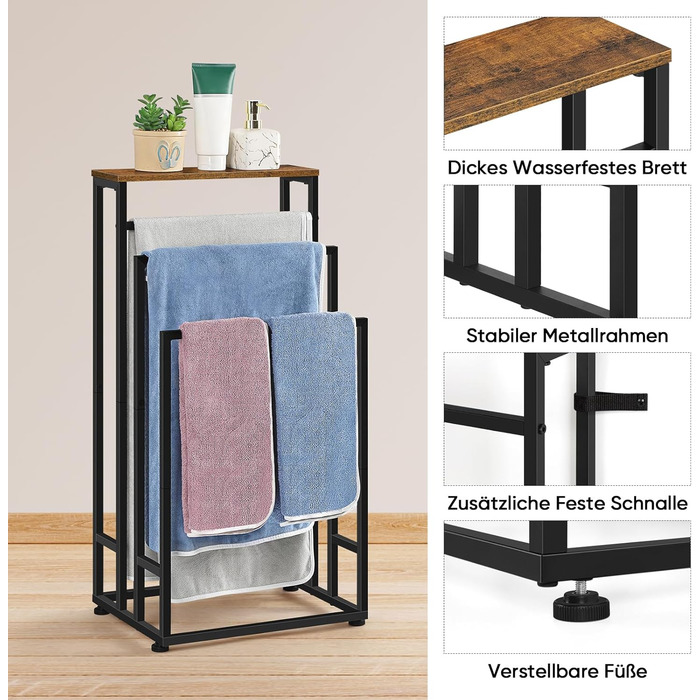 Підставка для рушників Smusei, настільна, 3-ярусна, з полицею з дерева, з нержавіючої сталі, для ванної кімнати та вітальні, 40x30x82 см, чорний (вінтажний коричневий)