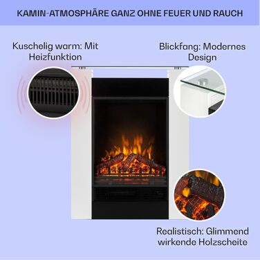 Електрокамін Klarstein 1800 Вт, електрообігрівач для вітальні та кімнат, LED-імітація вогню, білий, регульований термостат, таймер