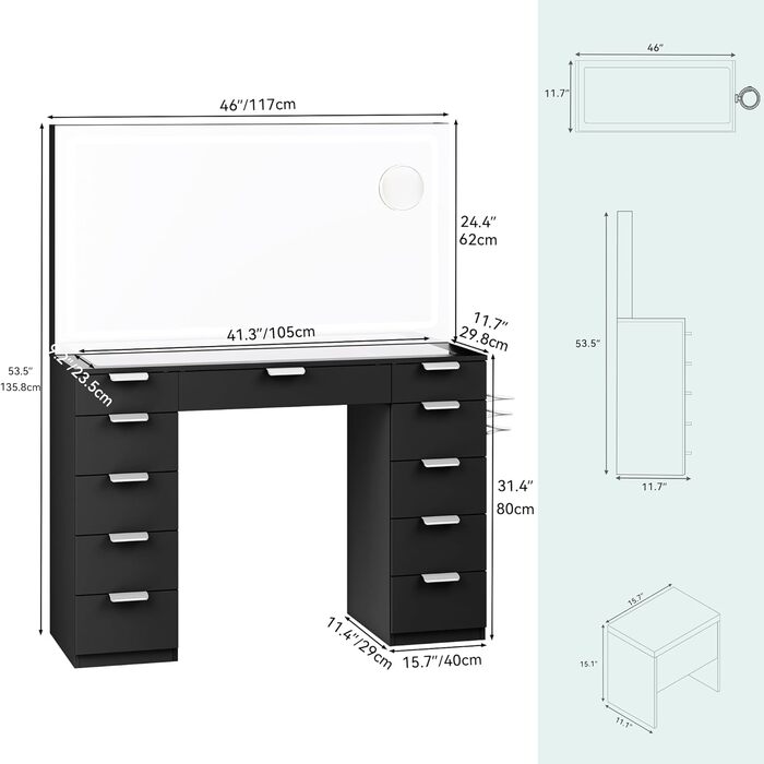 Туалетний столик YITAHOME зі світлодіодом, дзеркало, 11 ящиків і табурет (чорний)