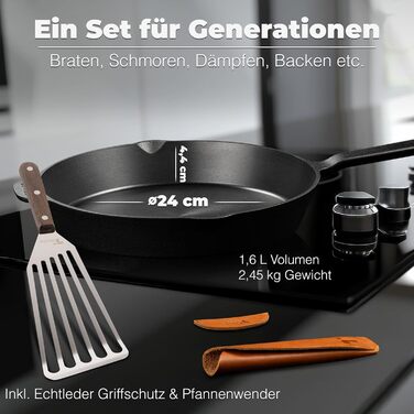 Сковорода з чавуну для індукційних плит, нешліфована, універсальна, 24 см - Сковорода з чавуну преміум-якість, антипригарна, для індукції