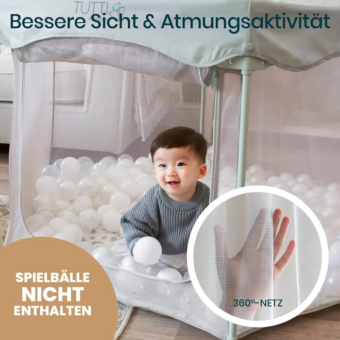 Дитячий манеж Tutti Bambini Laufstall - складаний, з сіткою 360°, швидким складанням, дверцятами на блискавці, килимком та сумкою, 135 x 135 x 75 см (листяний зелений)