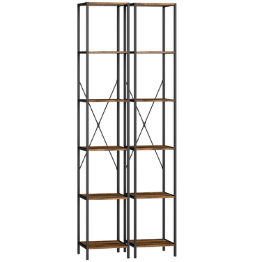 Набір з 2-х полиць, 6-ярусна книжкова полиця, сталевий каркас, для вітальні, офісу, спальні, у стилі рустік, коричневий
