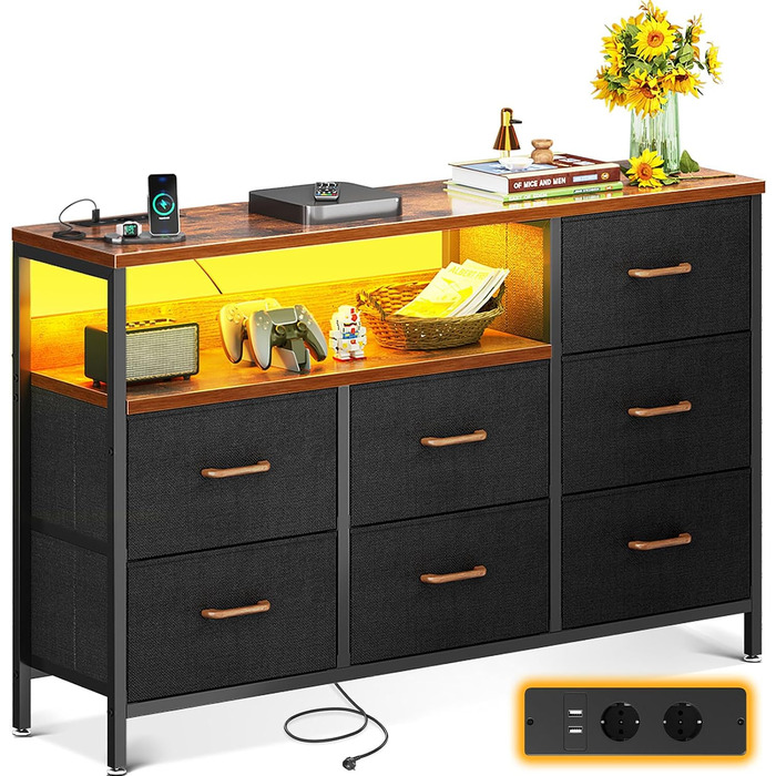 Комод Coleshome з висувними ящиками, LED-підсвічуванням, 2 USB-портами та розетками, 7 тканинних ящики, 132*30*89 см (Ретро колір)