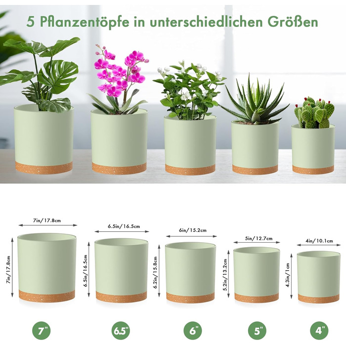Набір горщиків для квітів 5 шт. з підставками, 17.8/15.2/14/12.7/10.2 см, пластикові, для гідропоніки, внутрішнього та балконного озеленення, зелені з коричневим піддоном