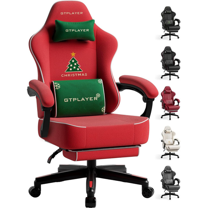 Ігровий крісло GTPLAYER з різдвяним мотивом, з підніжкою, широке сидіння, з подушкою для спини та синхронізованими підлокітниками для великих людей, велюр, червоний, на Різдво