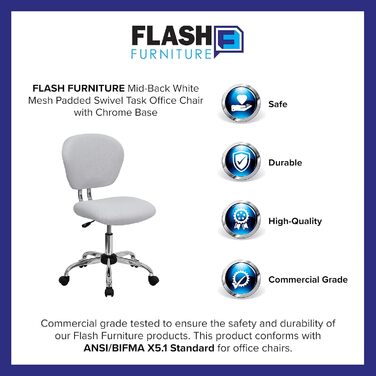 Офісне крісло Flash Furniture H-2376-F-WHT-GG, середня спинка, біла сітка, хромована основа, без підлокітників