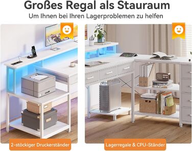 Ігровий стіл Coleshome з 7 висувними ящиками та великим об'ємом зберігання, кутовий стіл з RGB LED, реверсивний L-подібний стіл з 2 розетками, ідеальний для офісу та ігор, 179.5×135.5 см, білий