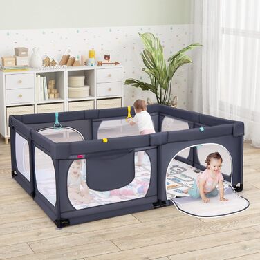 Дитячий манеж COSTWAY Laufstall з матрацом 189 x 158 см, з 50 м'ячиками та 4 ручками, дитяче огородження, намет-манеж з дихаючою сіткою для малюків (темно-сірий)